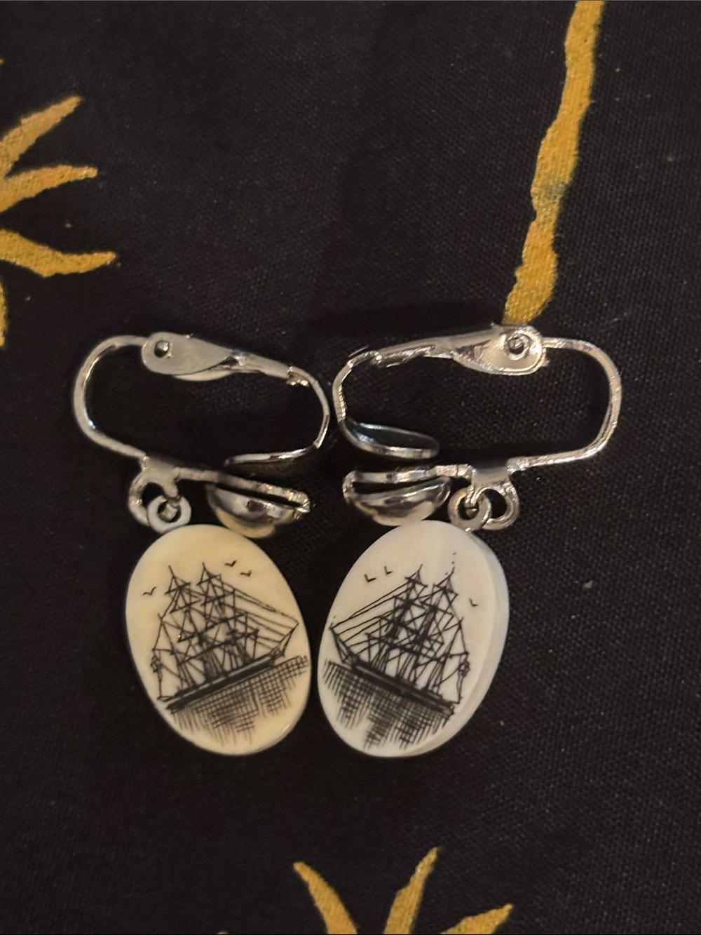Vintage Tagua Nut Small Engraved Tall Clipper Ship Dangle clip on Earrings